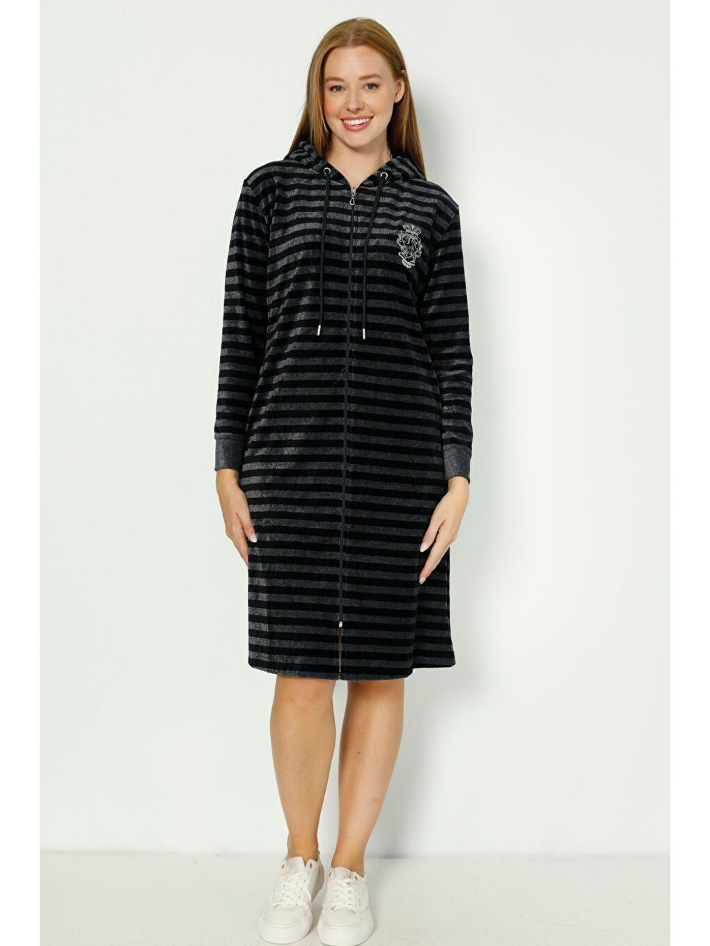 Lacivert haki çizgili Kapüşonlu nakış detaylı pamuklu kadife uzun kollu kadın elbise-2