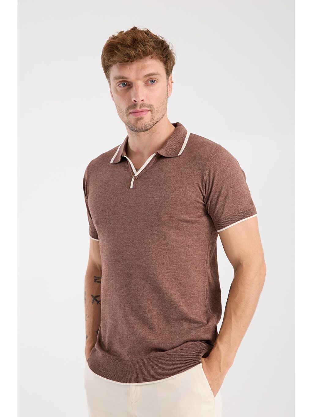 Aclub Delta Örme Kumaş Viskon Karışımlı Slim Fit Kahverengi Polo Yaka Erkek Düz Polo Shirt-2