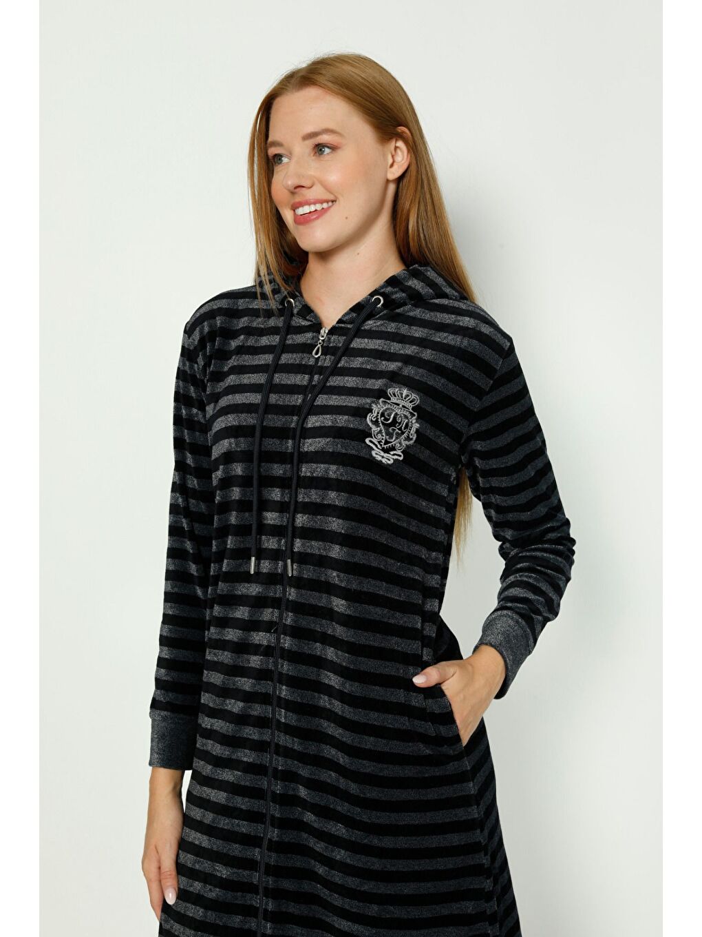 Lacivert haki çizgili Kapüşonlu nakış detaylı pamuklu kadife uzun kollu kadın elbise-3