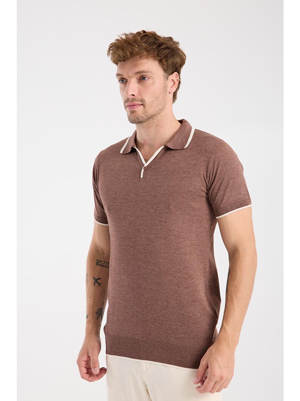 Aclub Delta Örme Kumaş Viskon Karışımlı Slim Fit Kahverengi Polo Yaka Erkek Düz Polo Shirt-3