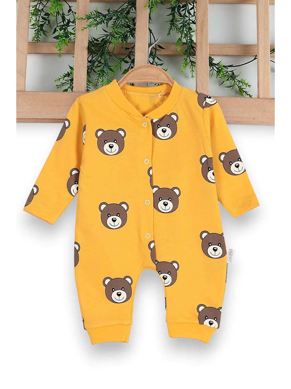 Sarı Unisex Ayıcık Baskılı Manşetli Mevsimlik Yeni Doğan 0-6 Ay Tulum ince