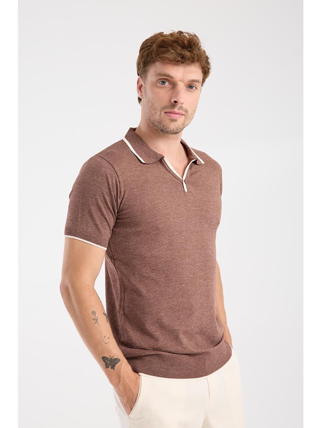 Aclub Delta Örme Kumaş Viskon Karışımlı Slim Fit Kahverengi Polo Yaka Erkek Düz Polo Shirt-4