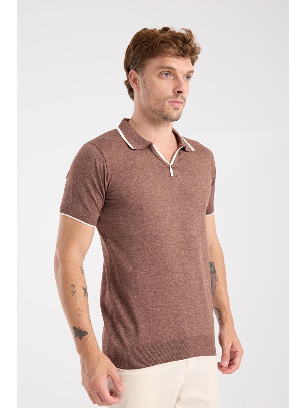 Aclub Delta Örme Kumaş Viskon Karışımlı Slim Fit Kahverengi Polo Yaka Erkek Düz Polo Shirt-5