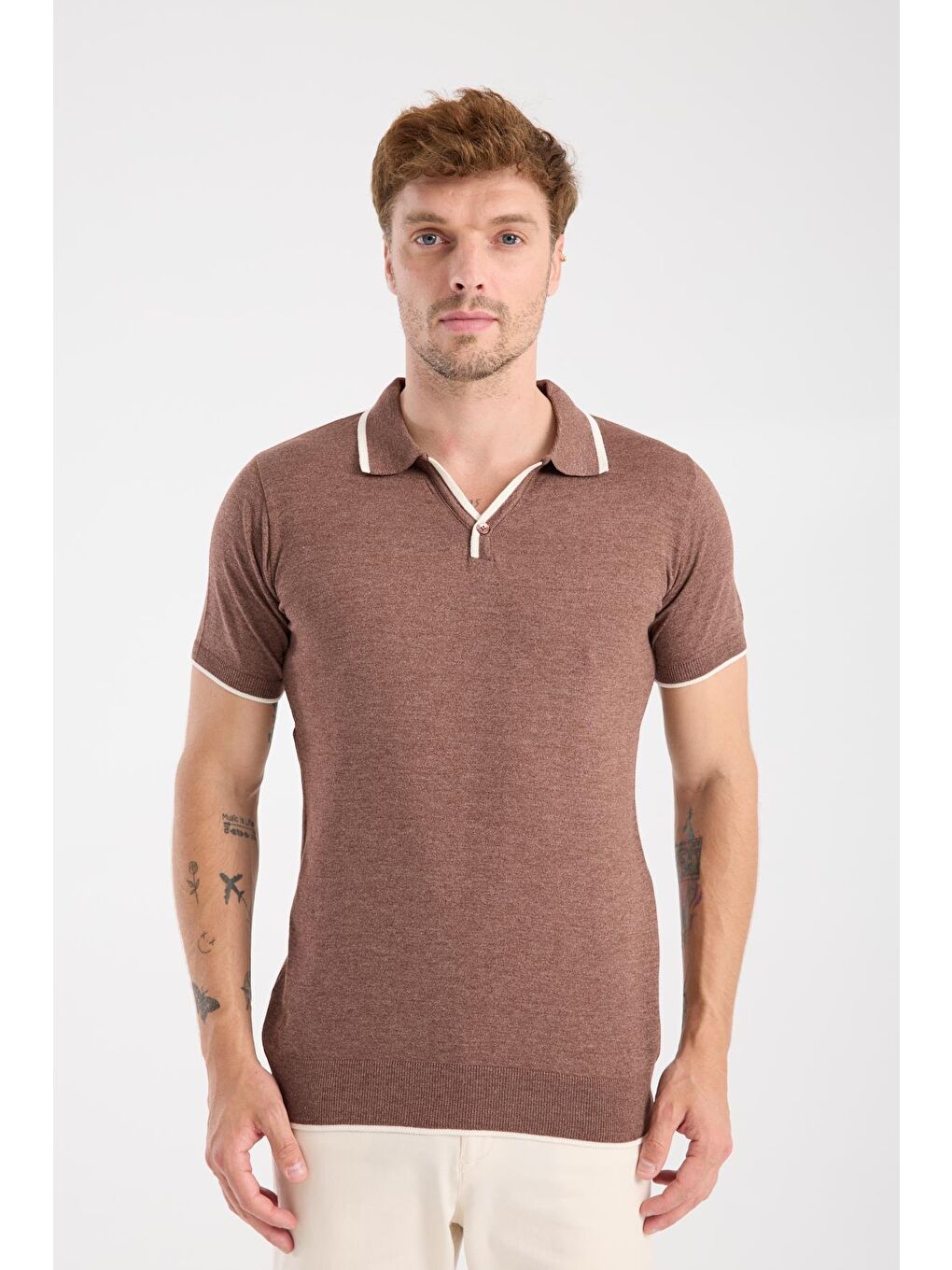 Aclub Delta Örme Kumaş Viskon Karışımlı Slim Fit Kahverengi Polo Yaka Erkek Düz Polo Shirt-6