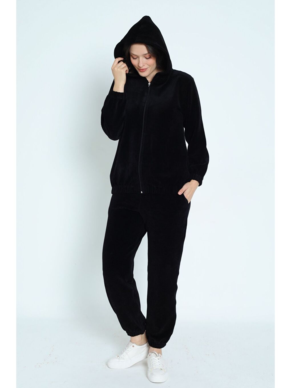 Siyah kadın siyah uzun kollu cepli fermuarlı Kapüşonlu pamuklu kadife alt üst takım-2