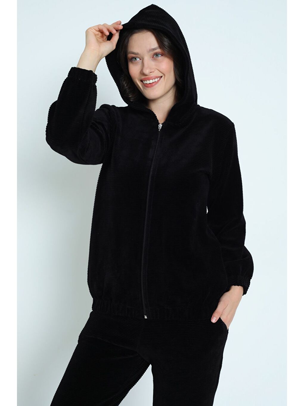Siyah kadın siyah uzun kollu cepli fermuarlı Kapüşonlu pamuklu kadife alt üst takım-3