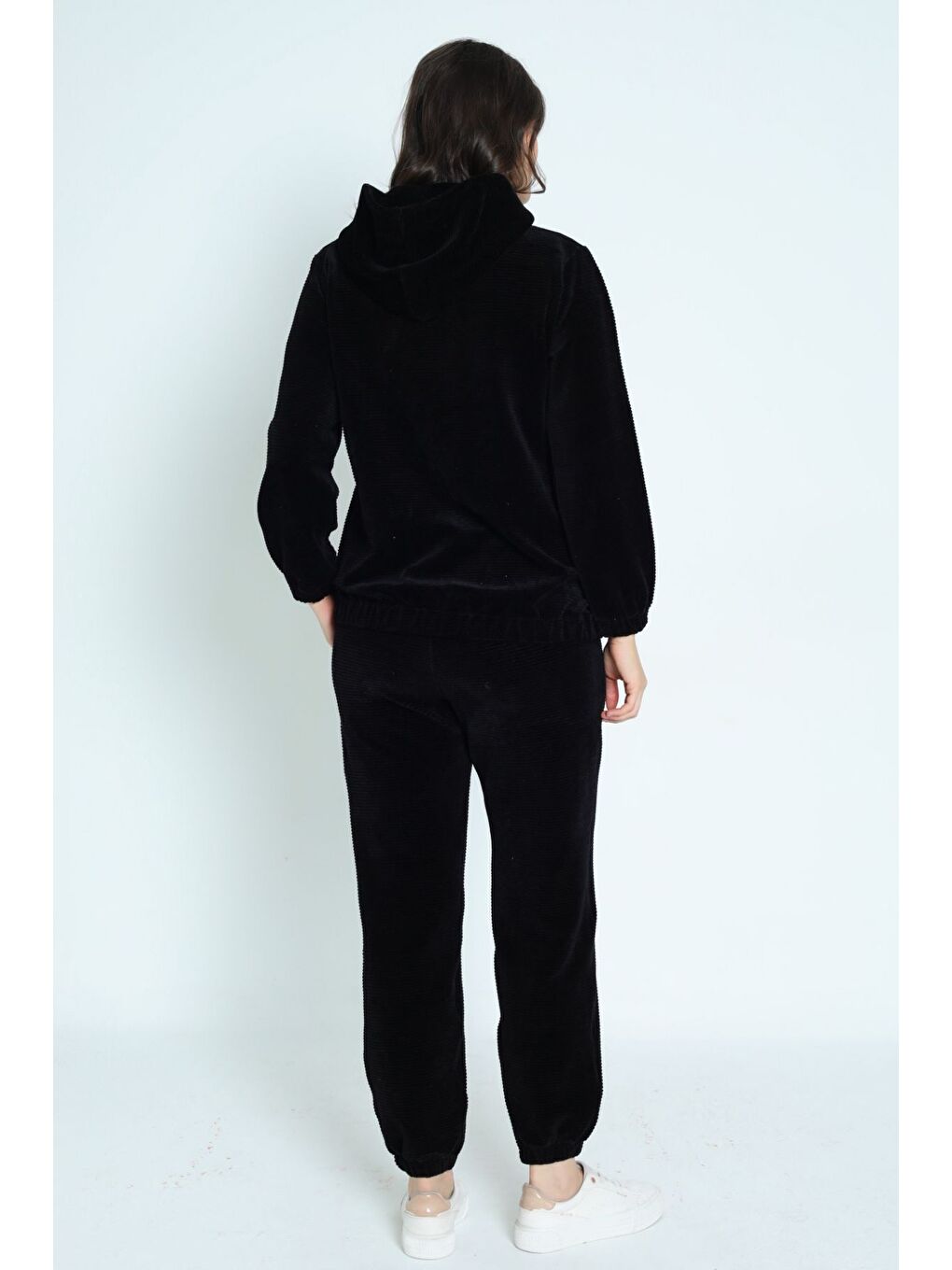 Siyah kadın siyah uzun kollu cepli fermuarlı Kapüşonlu pamuklu kadife alt üst takım-4