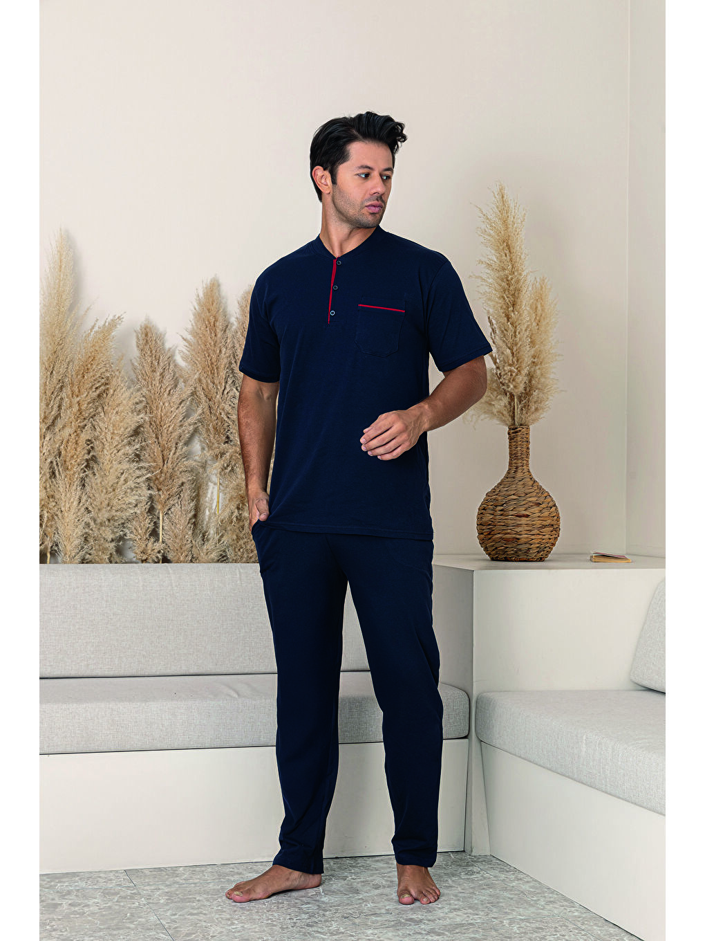 Lacivert Erkek %100 Organik Doğal Pamuk Yüksek Kalite Düğmeli Kısa Kollu Pijama Takımı