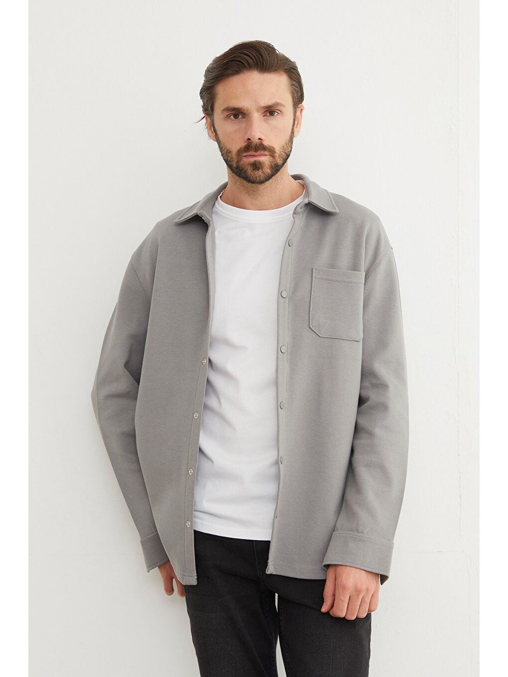 Gri Çıt Çıtlı Tek Cepli Büyük Beden Gömlek-2