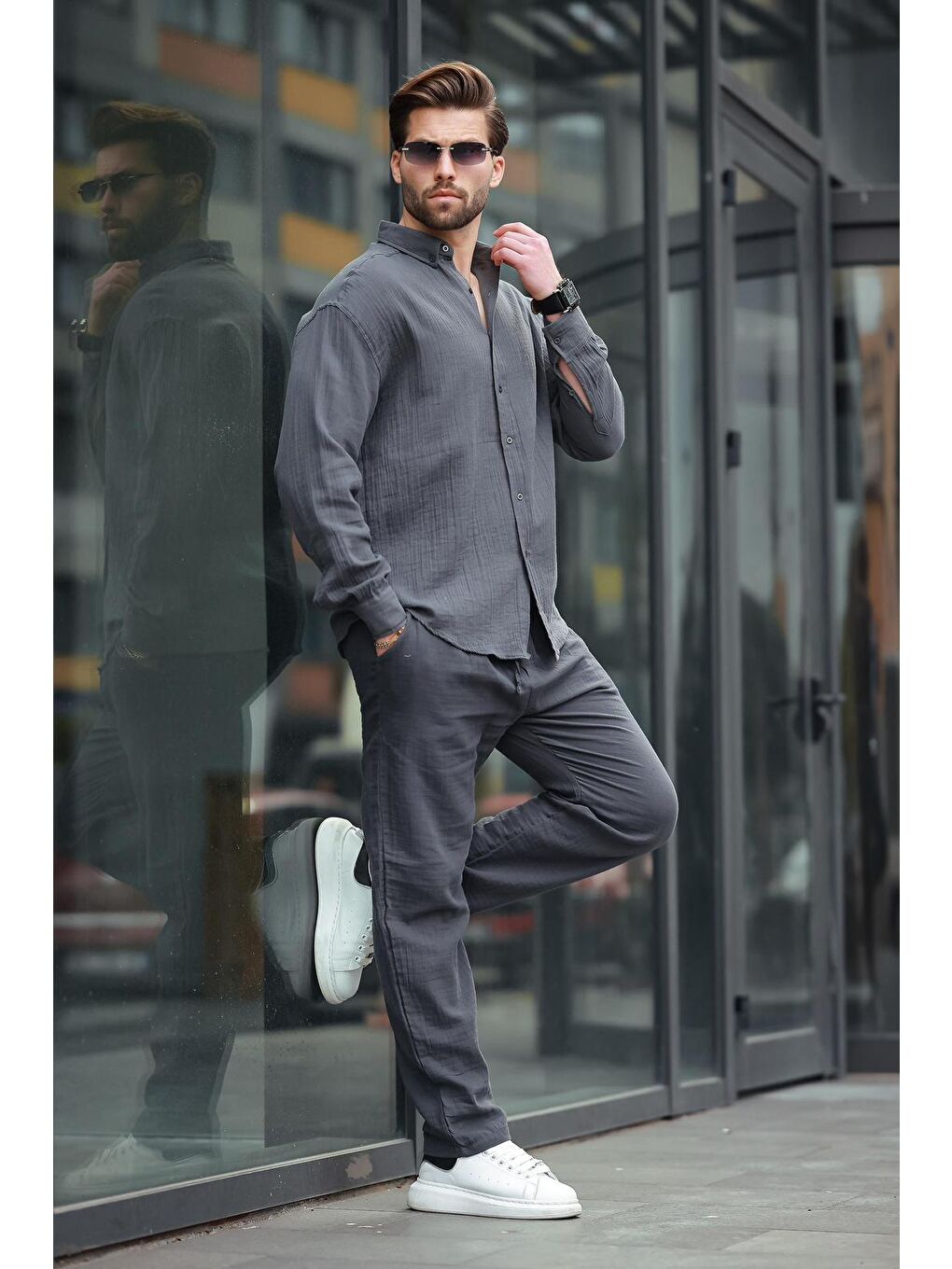 Gri Füme Gömlek Pantolon Erkek İkili Takım E7322