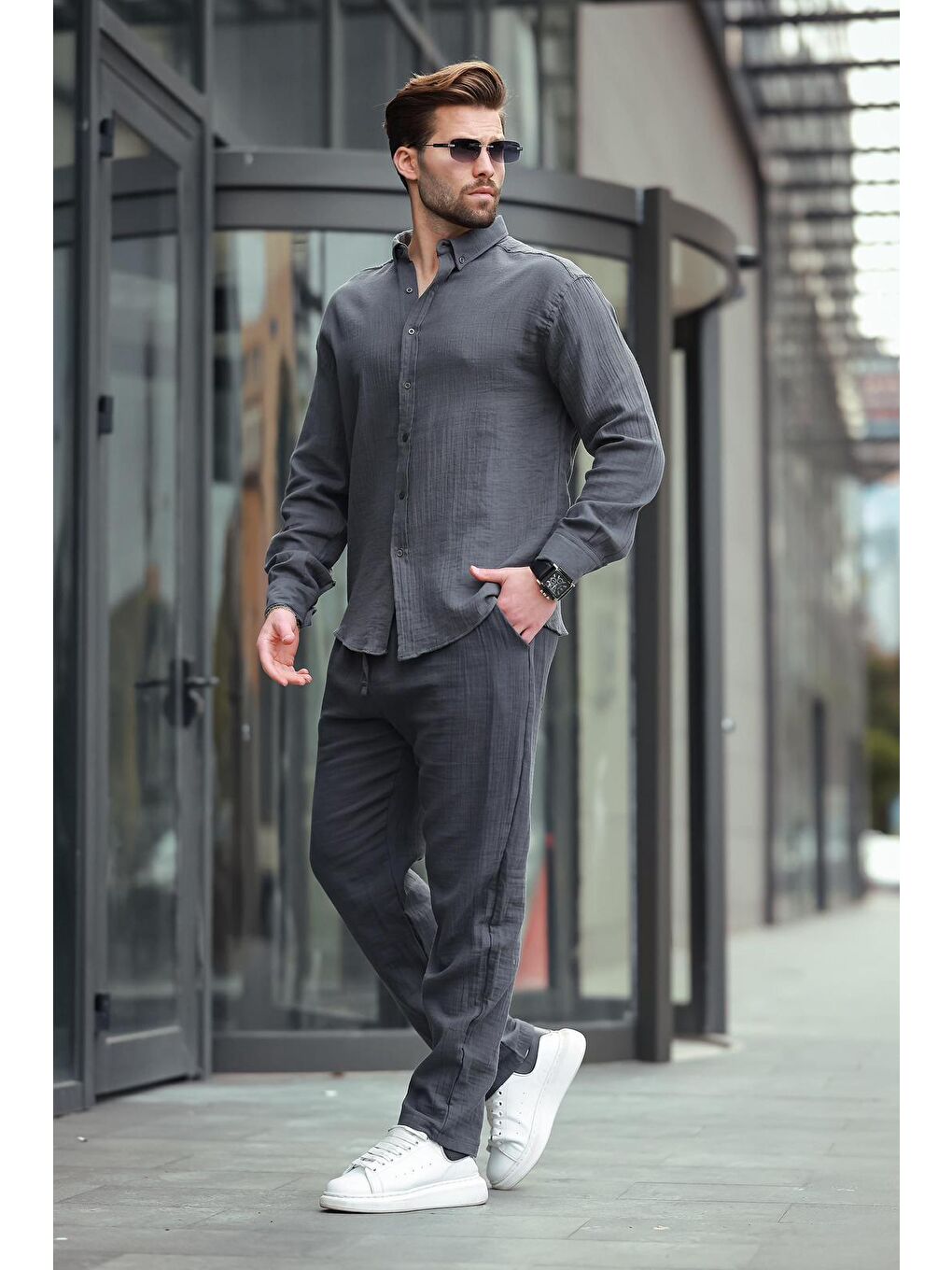 Gri Füme Gömlek Pantolon Erkek İkili Takım E7322-1