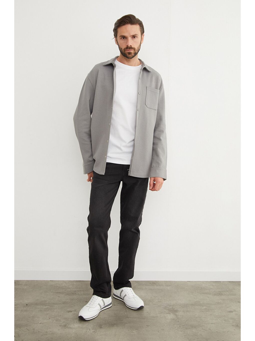 Gri Çıt Çıtlı Tek Cepli Büyük Beden Gömlek-3