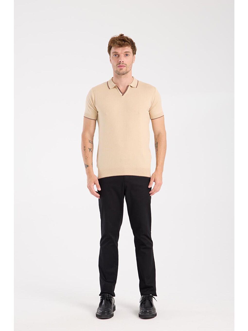 Aclub Delta Örme Kumaş Viskon Karışımlı Slim Fit Koyu Bej Polo Yaka Erkek Düz Polo Shirt