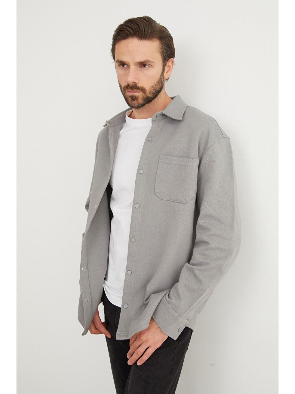 Gri Çıt Çıtlı Tek Cepli Büyük Beden Gömlek-4