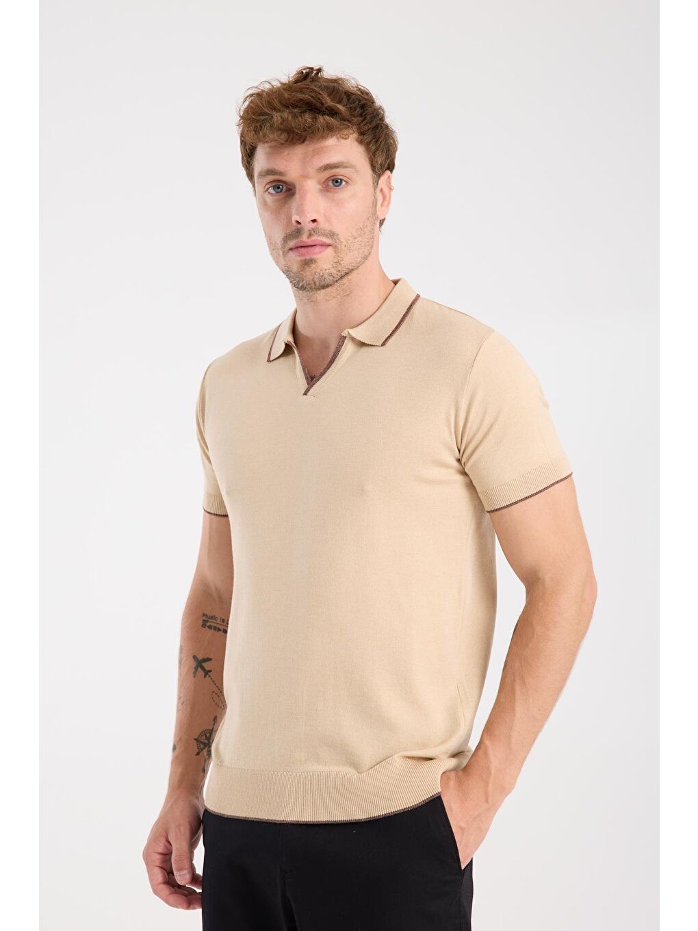 Aclub Delta Örme Kumaş Viskon Karışımlı Slim Fit Koyu Bej Polo Yaka Erkek Düz Polo Shirt-2