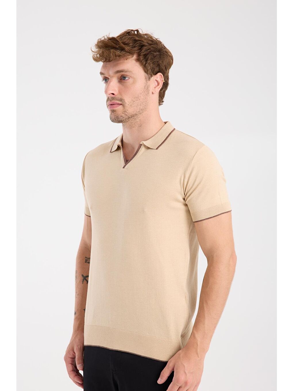 Aclub Delta Örme Kumaş Viskon Karışımlı Slim Fit Koyu Bej Polo Yaka Erkek Düz Polo Shirt-3