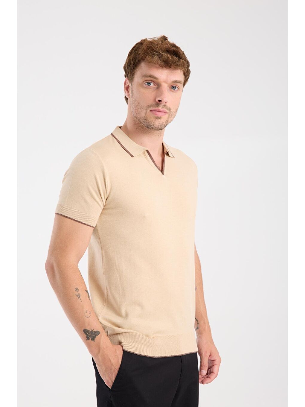 Aclub Delta Örme Kumaş Viskon Karışımlı Slim Fit Koyu Bej Polo Yaka Erkek Düz Polo Shirt-4
