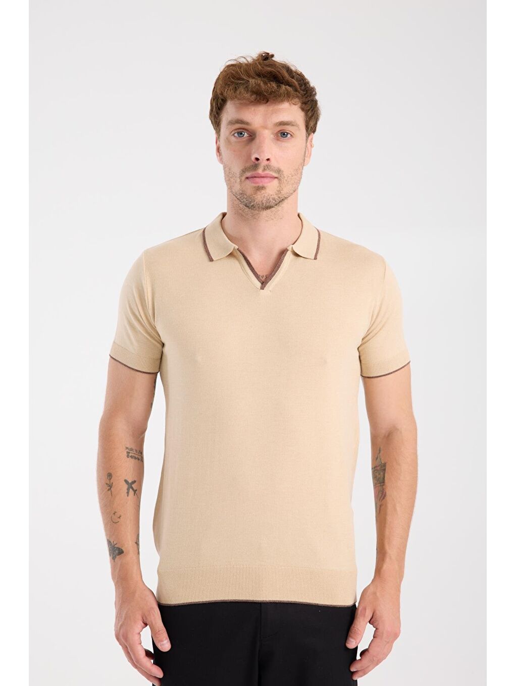 Aclub Delta Örme Kumaş Viskon Karışımlı Slim Fit Koyu Bej Polo Yaka Erkek Düz Polo Shirt-5