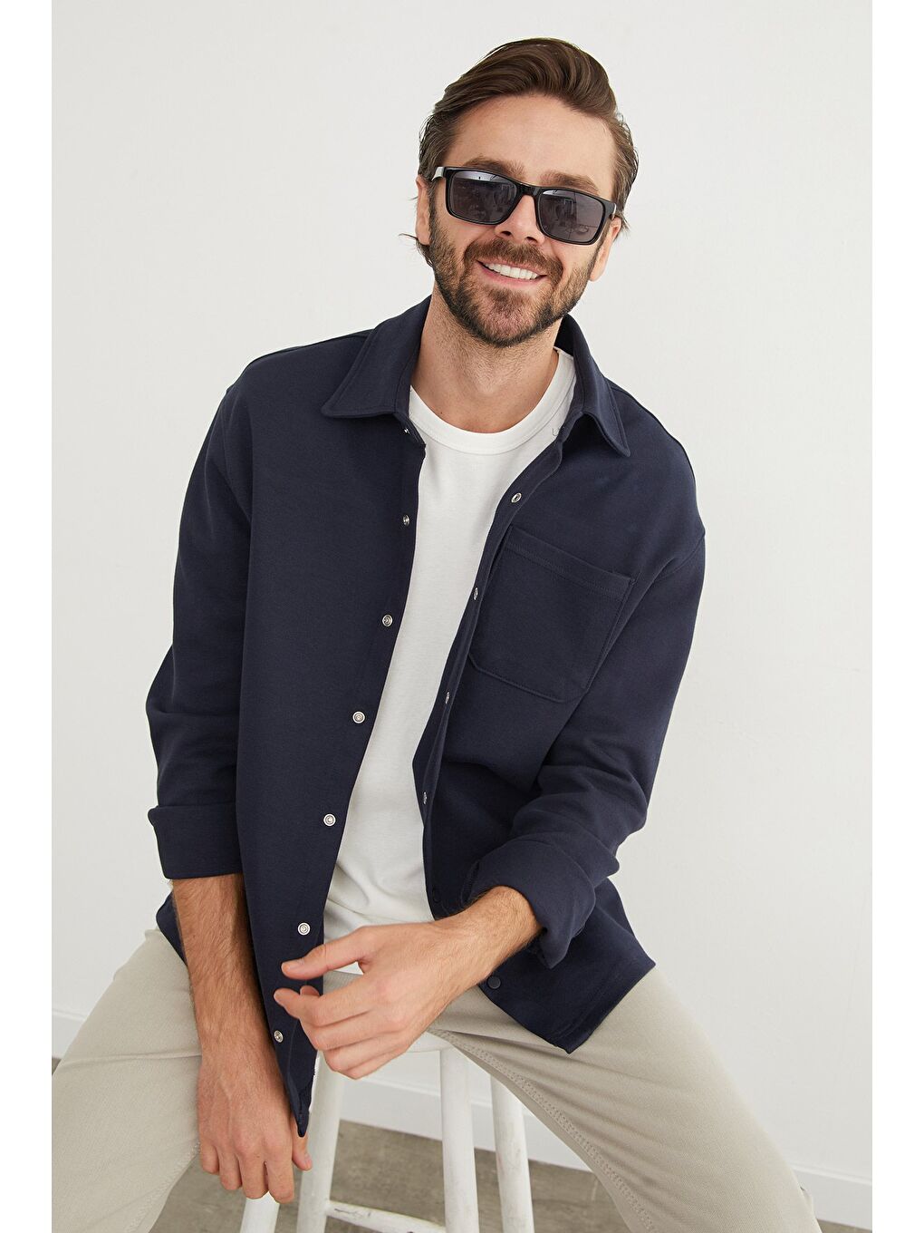 Lacivert Çıt Çıtlı Tek Cepli Gömlek-2