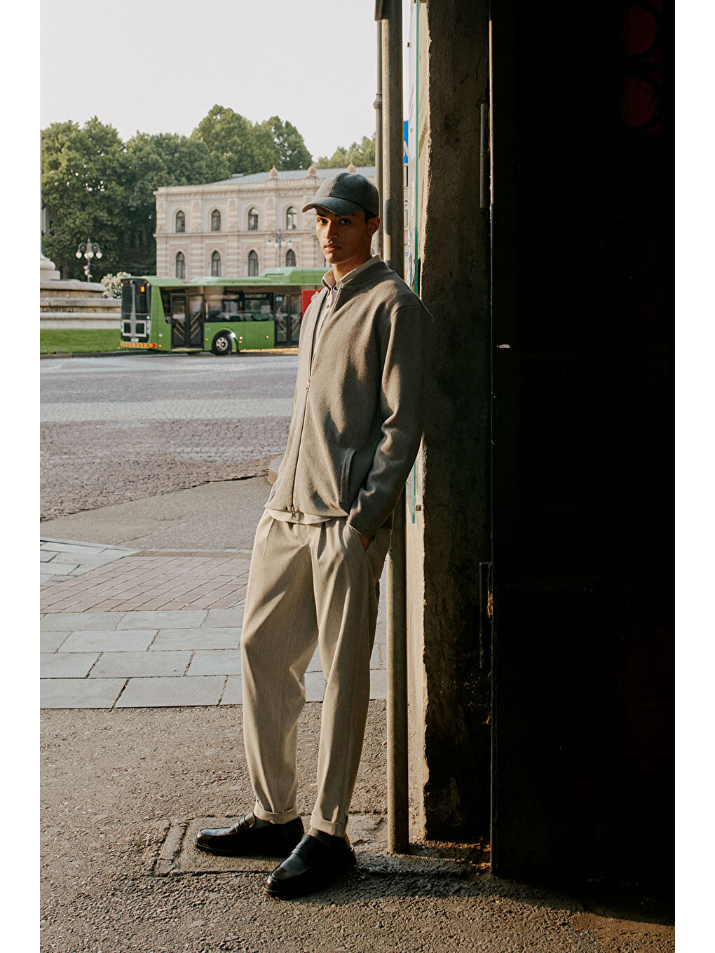 Erkek Gri Slim Fit Dar Kesim Diagonal Desenli Beli Bağlamalı Yan Cepli Esnek Pantolon-1