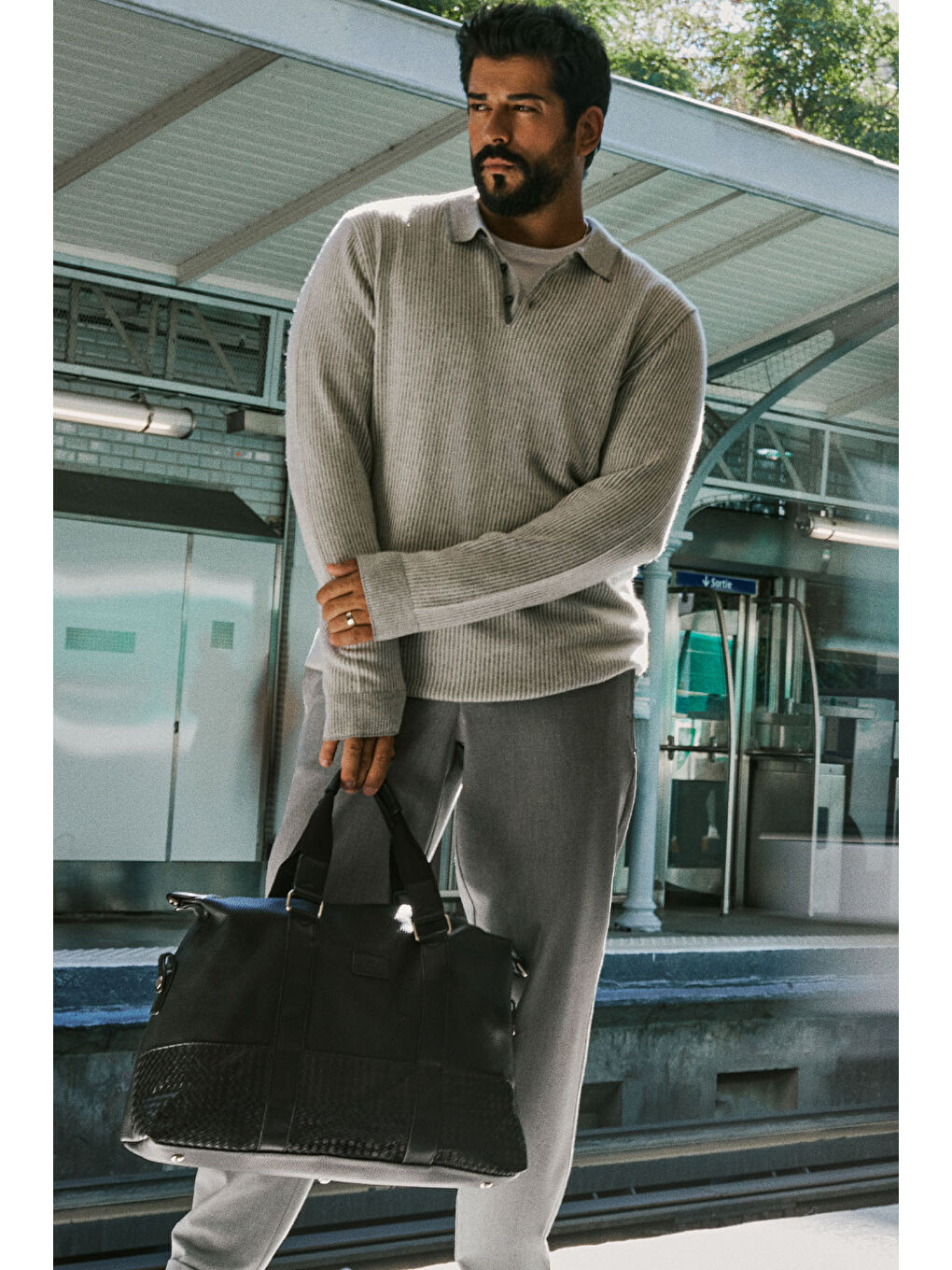 Erkek Gri Slim Fit Dar Kesim Diagonal Desenli Beli Bağlamalı Yan Cepli Esnek Pantolon