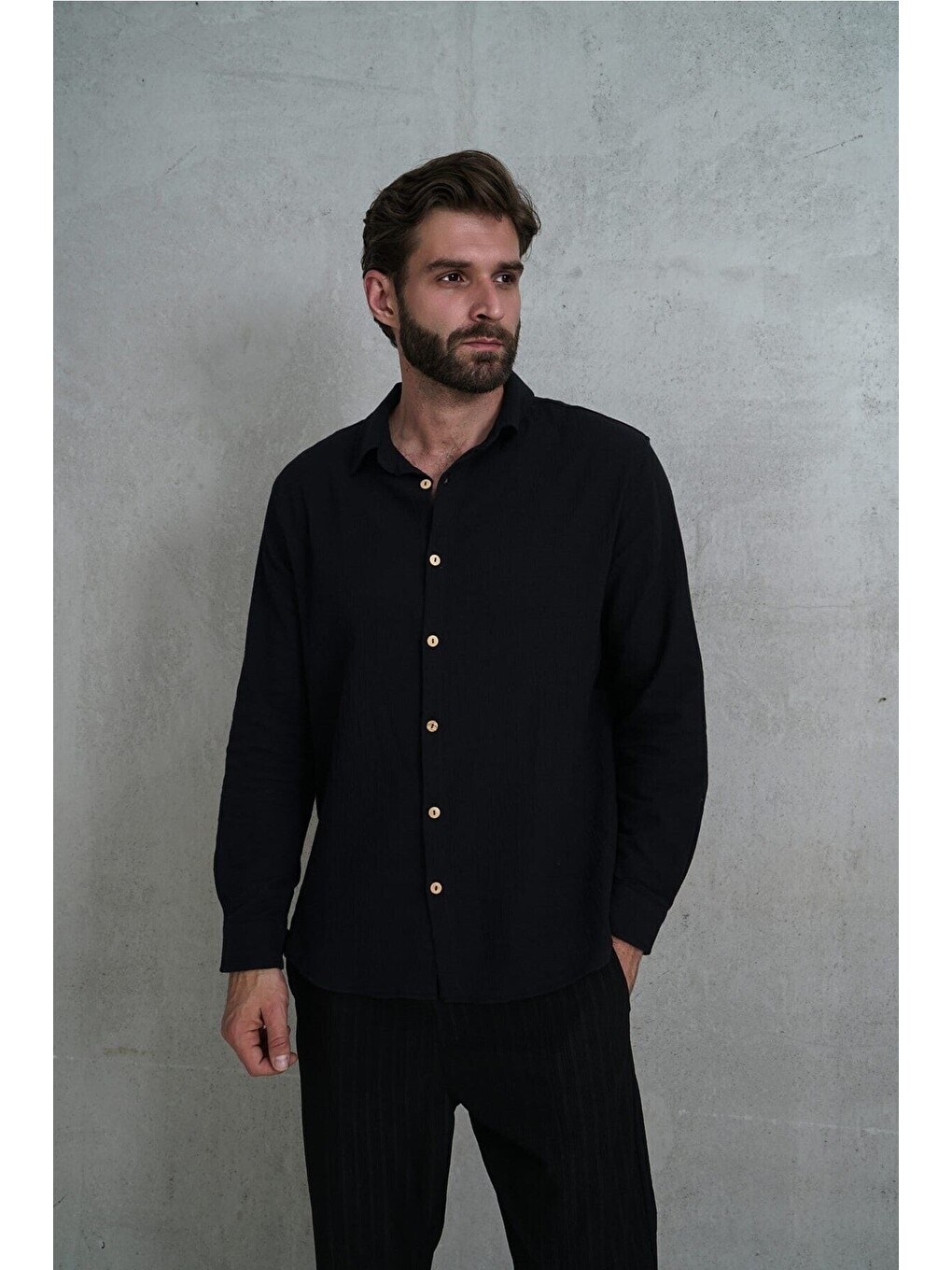 Wesley Erkek Oversize Krinkıl Siyah Gömlek