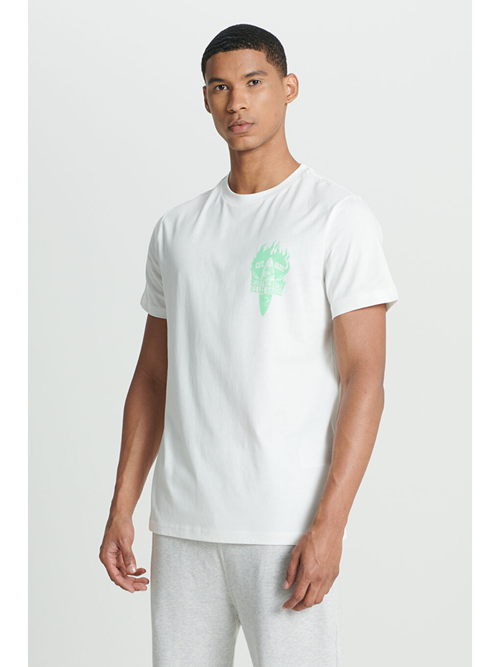 Regular Fit Normal Kesim %100 Pamuk Bisiklet Yaka Kırık Beyaz Tişört-2