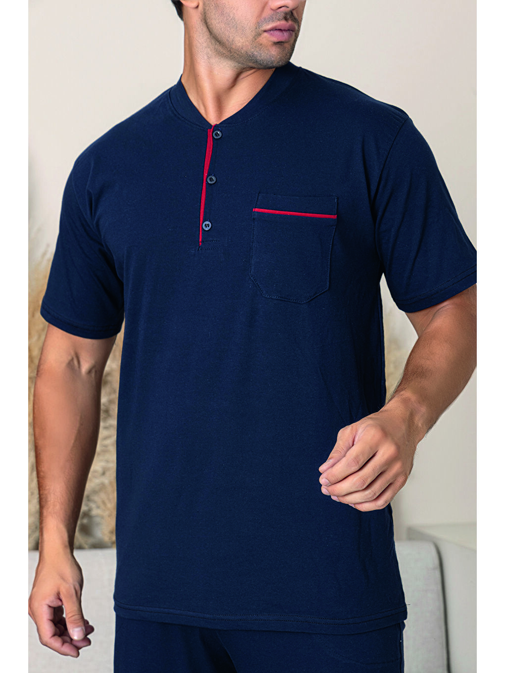 Lacivert Erkek %100 Organik Doğal Pamuk Yüksek Kalite Düğmeli Kısa Kollu Pijama Takımı-1