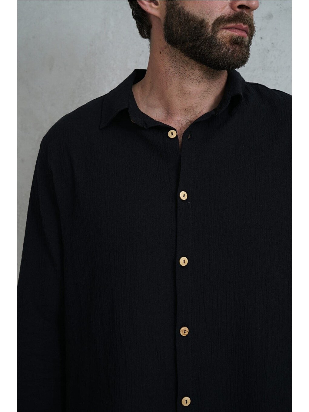 Wesley Erkek Oversize Krinkıl Siyah Gömlek-2