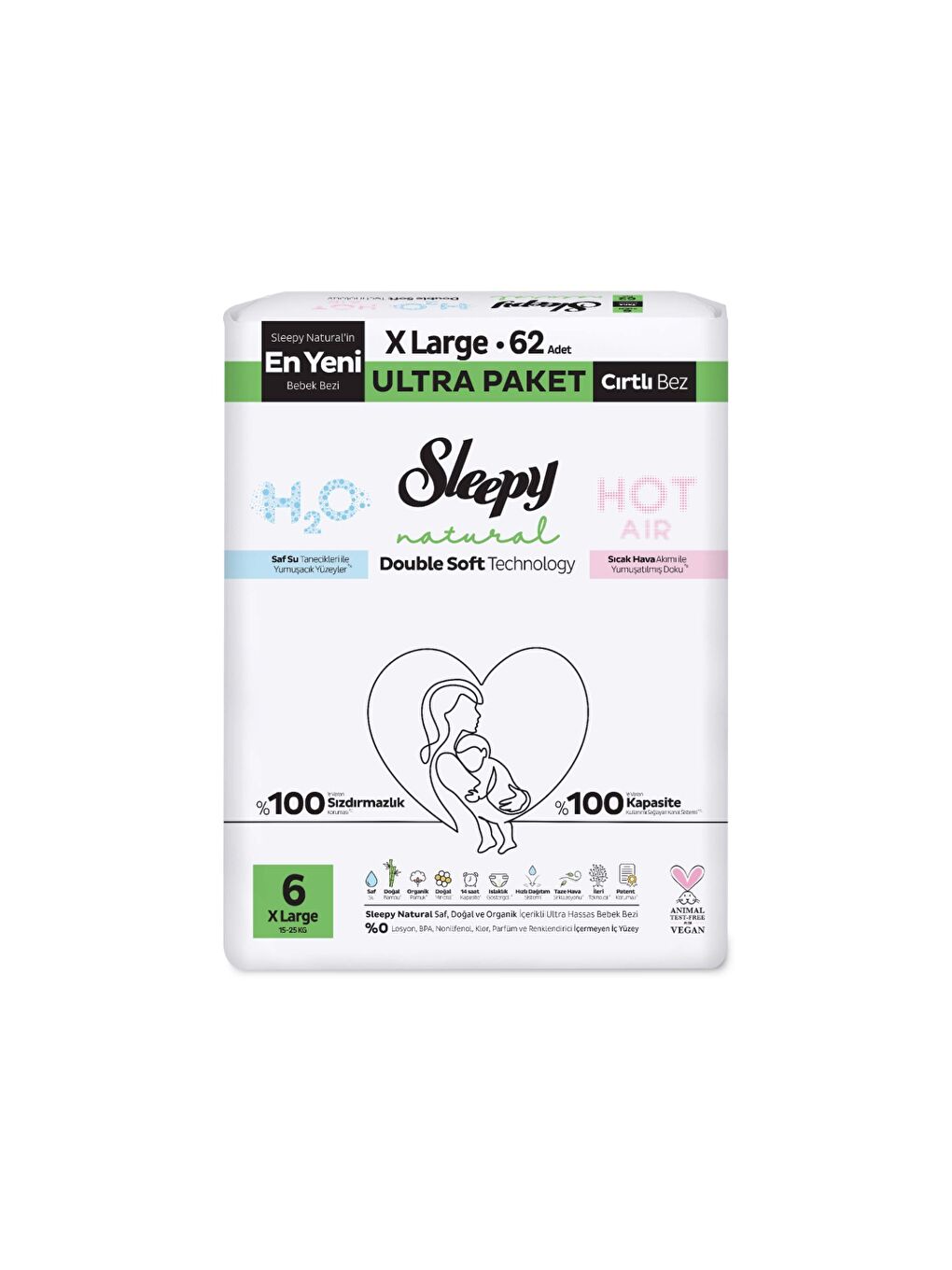 Natural Double Soft Ultra Paket Bebek Bezi 6 Numara Xlarge 62 Adet-1