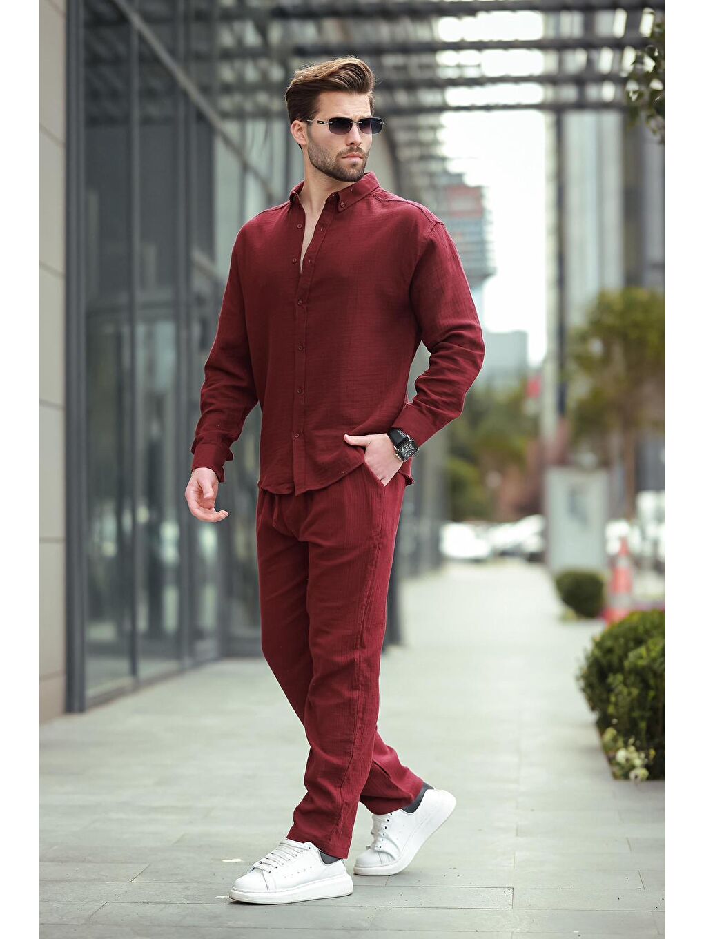 Bordo Gömlek Pantolon Erkek İkili Takım E7322