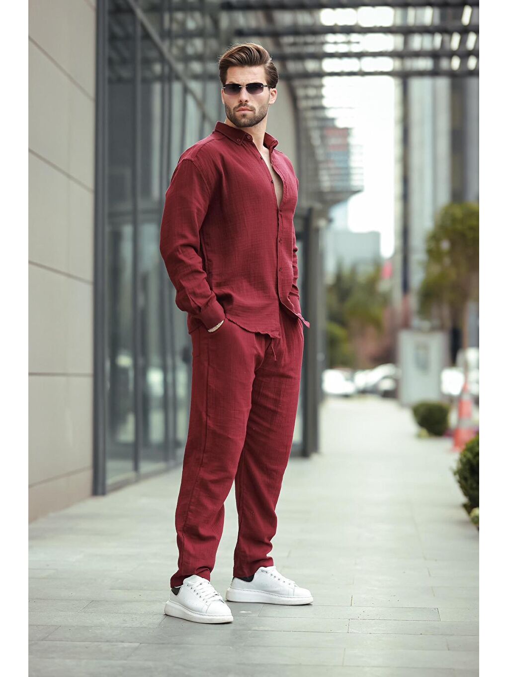 Bordo Gömlek Pantolon Erkek İkili Takım E7322-1