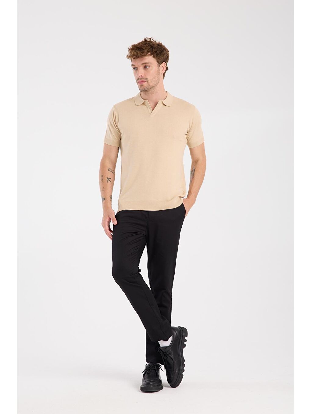 Aclub Alfa Örme Kumaş Viskon Karışımlı Slim Fit Koyu Bej Polo Yaka Erkek Düz Polo Shirt-1