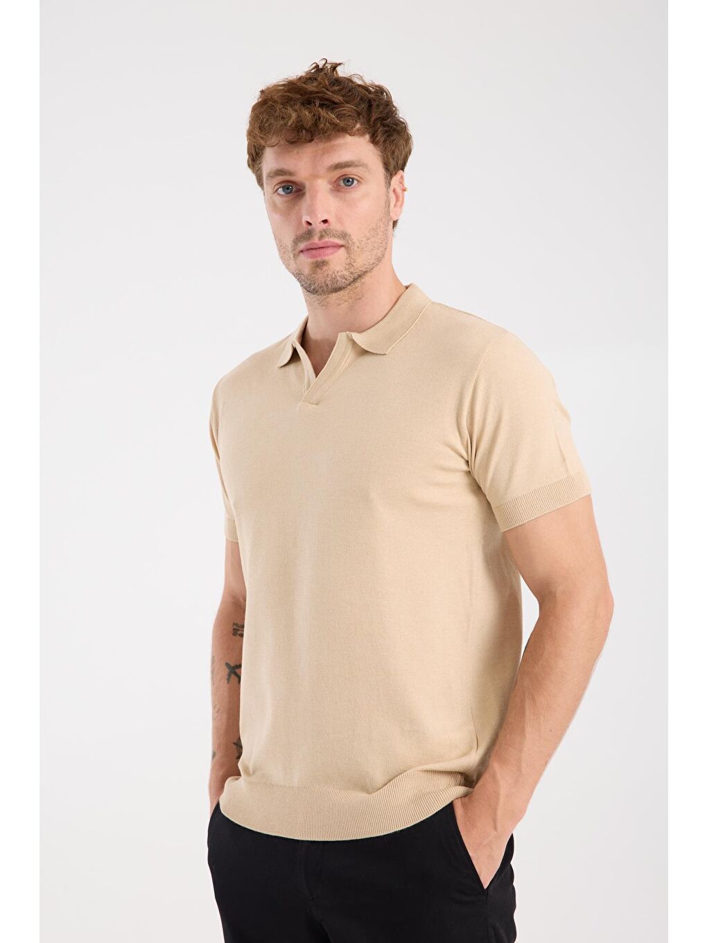 Aclub Alfa Örme Kumaş Viskon Karışımlı Slim Fit Koyu Bej Polo Yaka Erkek Düz Polo Shirt-3