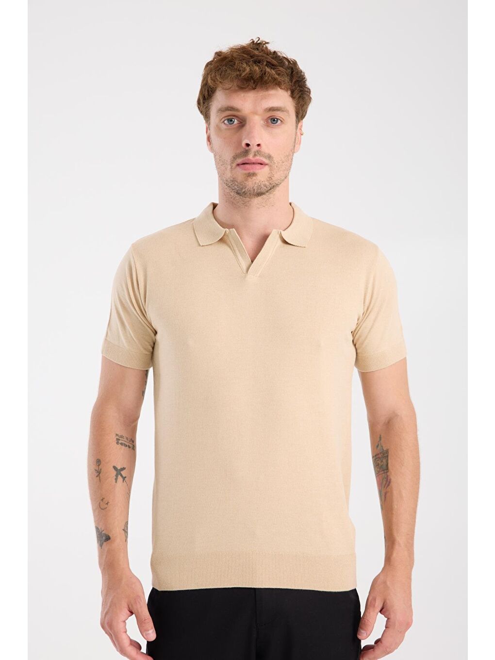 Aclub Alfa Örme Kumaş Viskon Karışımlı Slim Fit Koyu Bej Polo Yaka Erkek Düz Polo Shirt-5