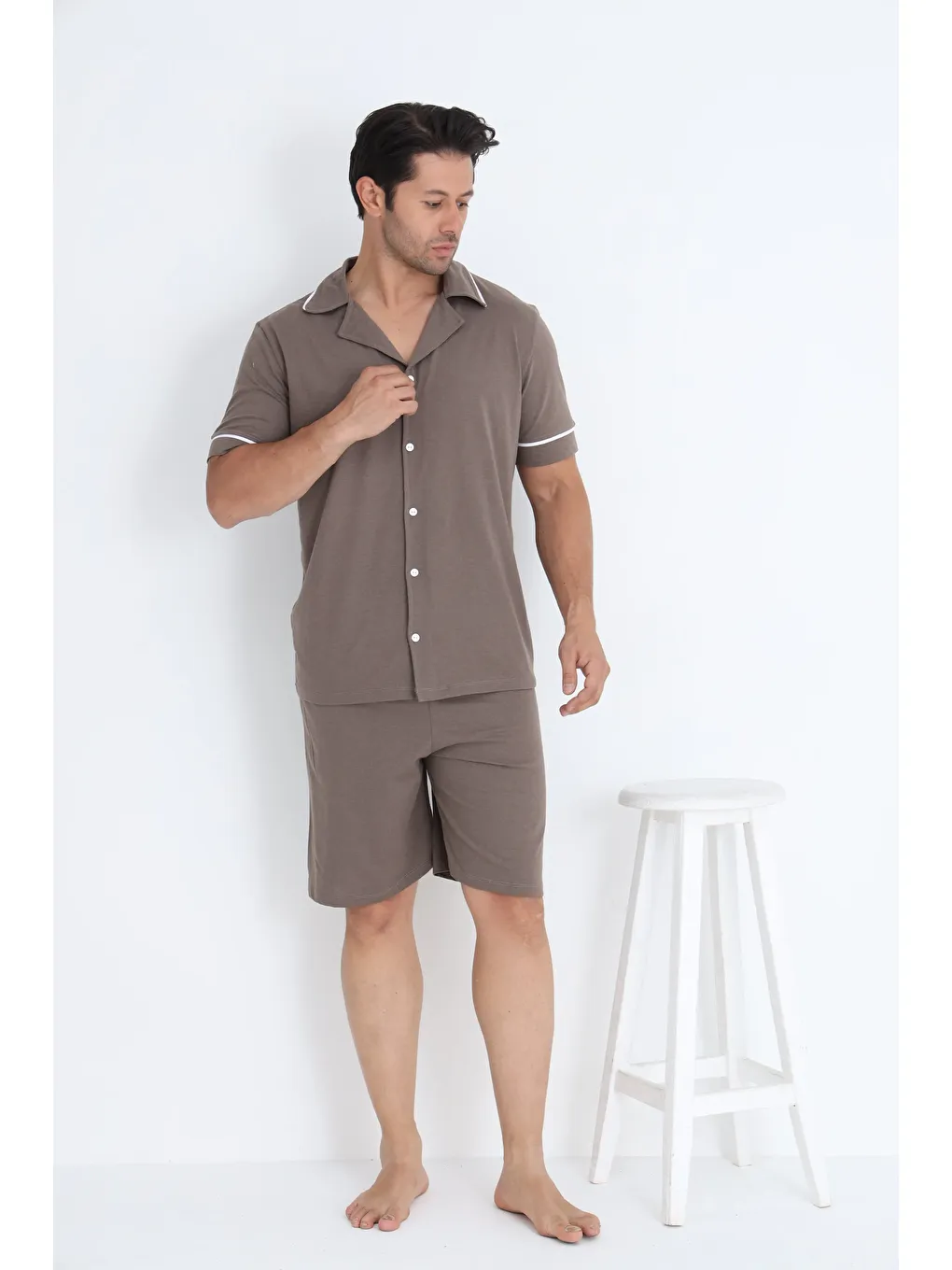 Kahverengi Erkek Kısa Kol Düğmeli %100 Pamuk Şortlu Pijama Takımı 7500-Ş-2
