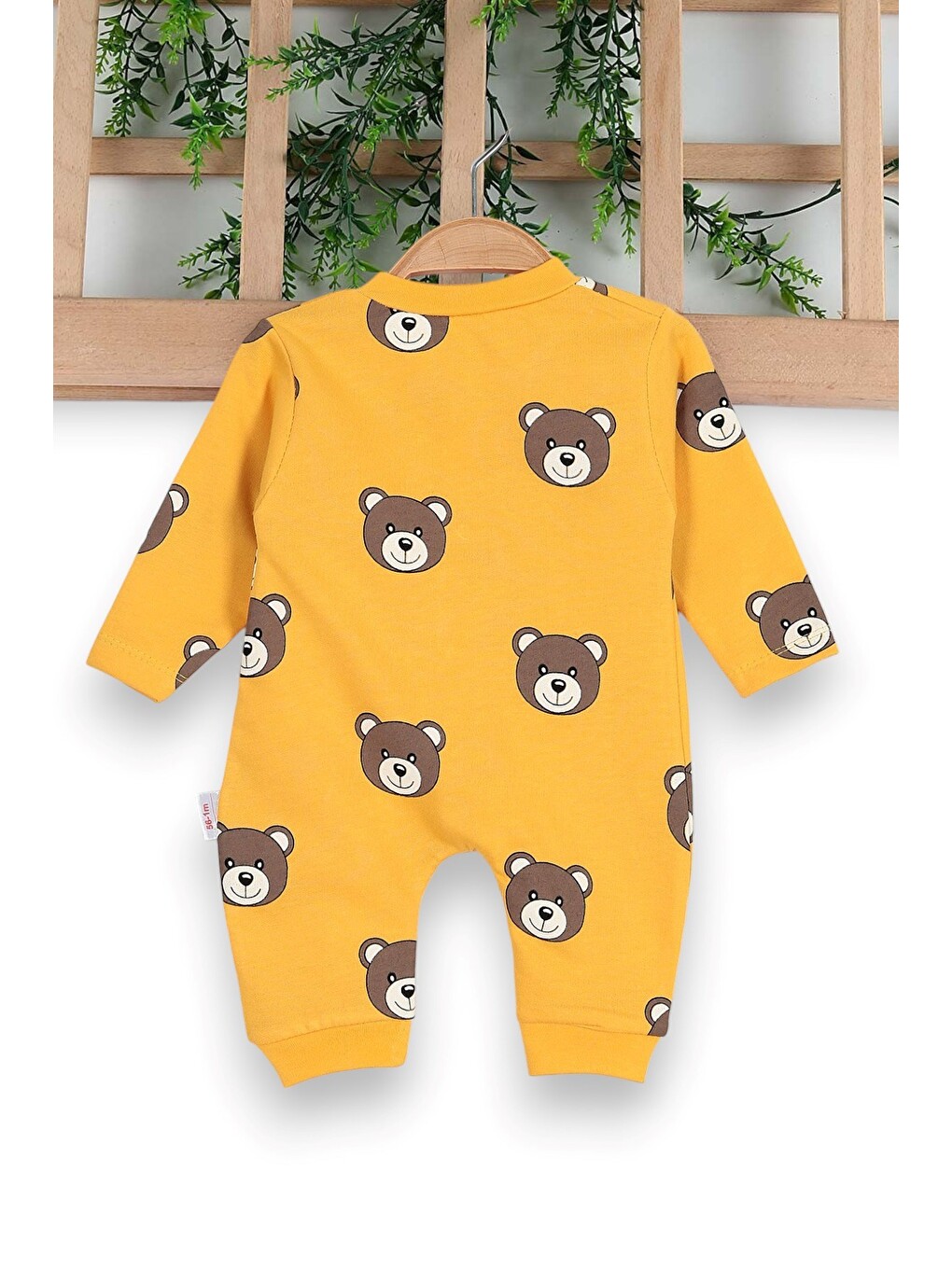 Sarı Unisex Ayıcık Baskılı Manşetli Mevsimlik Yeni Doğan 0-6 Ay Tulum ince-1