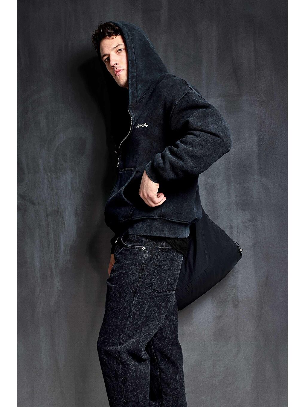 Erkek Relax Fit Yıkamalı Kapüşonlu Sweatshirt Siyah-2