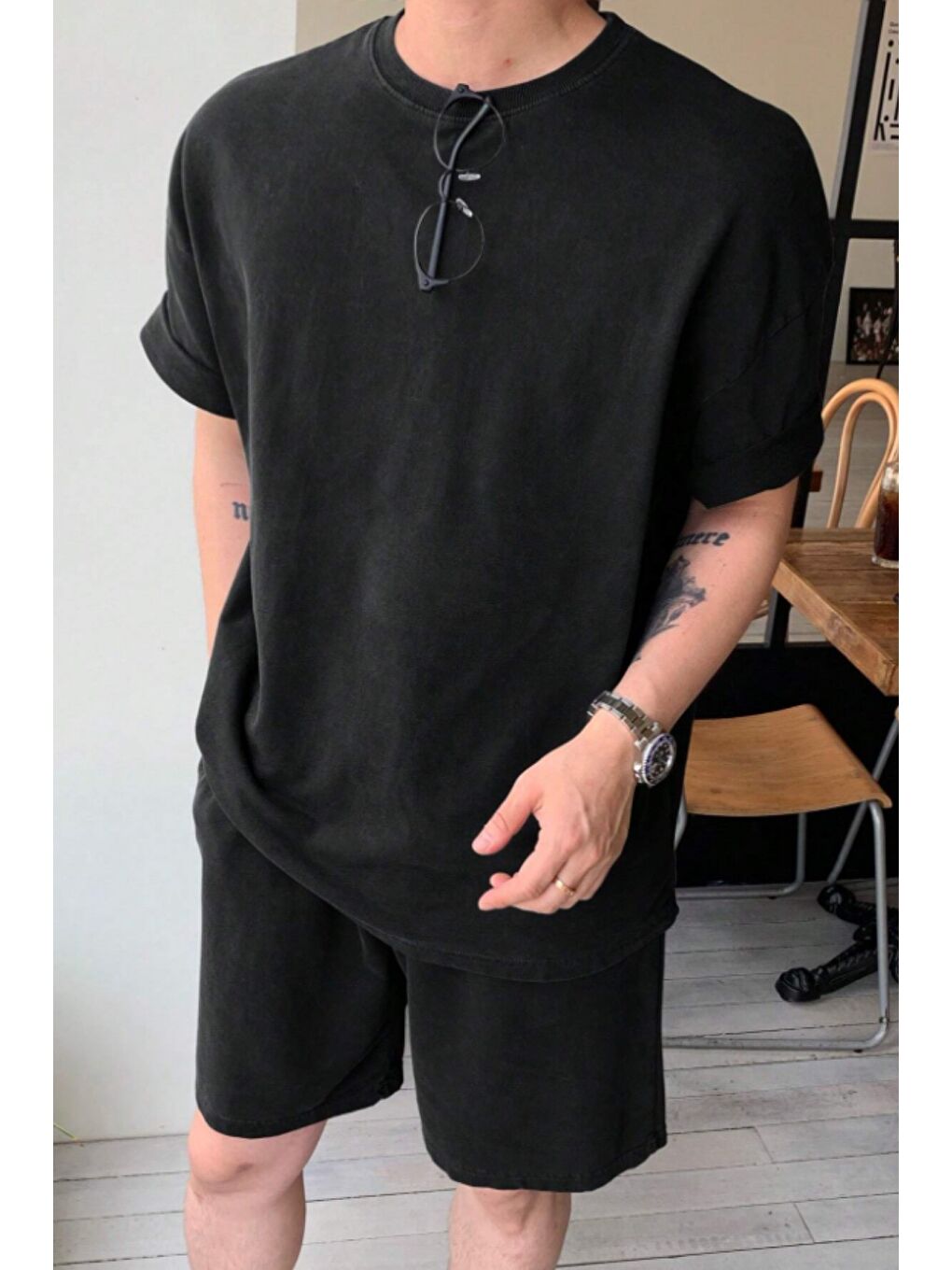 Siyah Erkek Oversize T-Shirt Şort Takım Rahat Yazlık Kombin-2