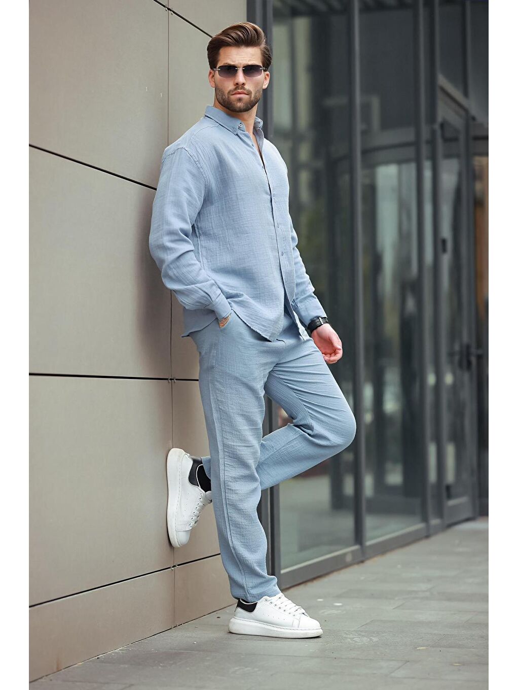 Yeşil Mavi Gömlek Pantolon Erkek İkili Takım E7322-1