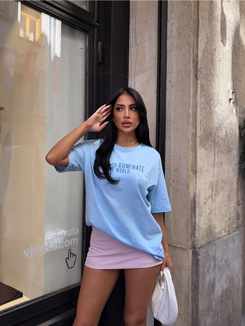 Baskılı Mavi Oversiz T-Shirt-1