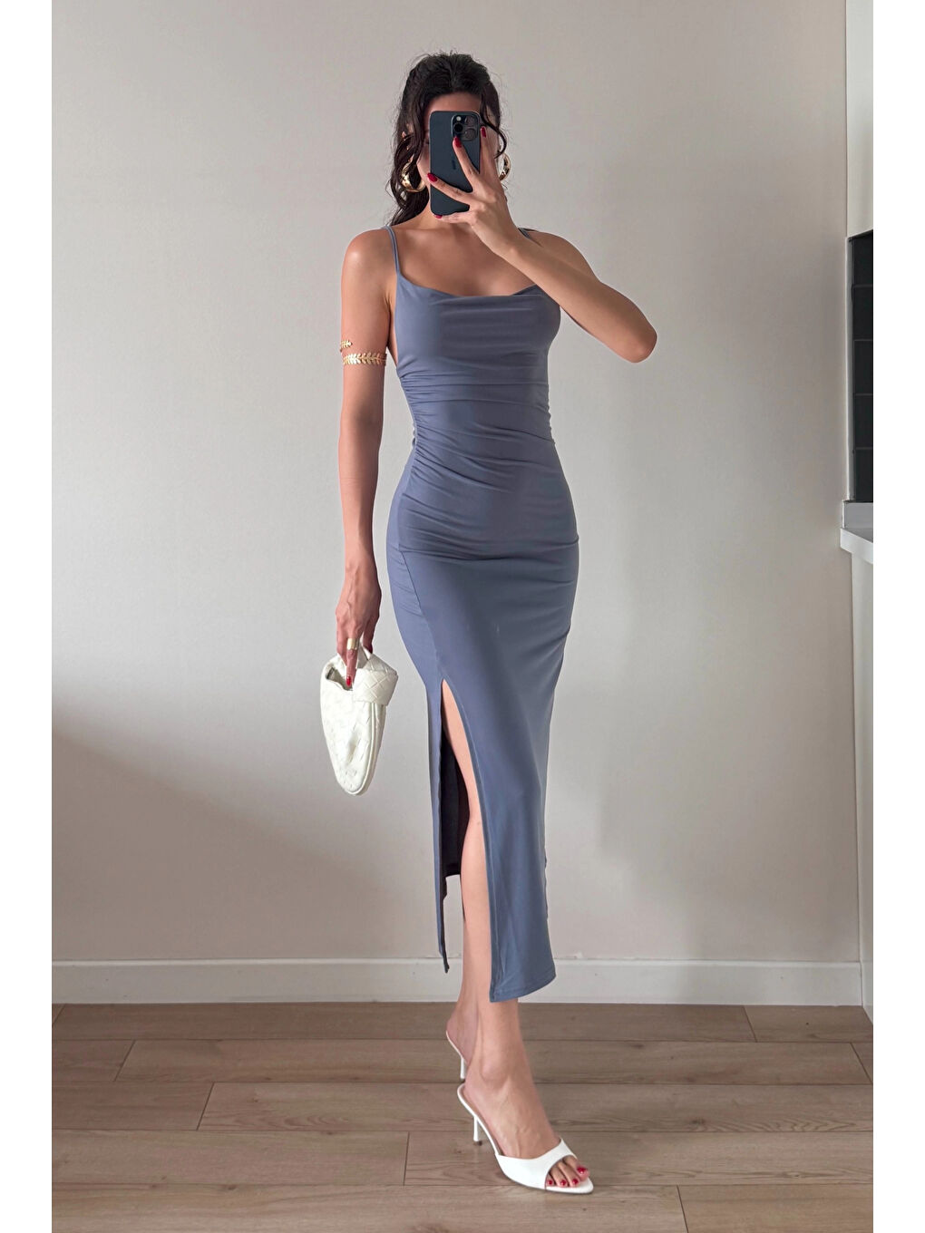 Kadın Antrasit Askılı Yırtmaçlı Uzun Elbise 1009-1034-1