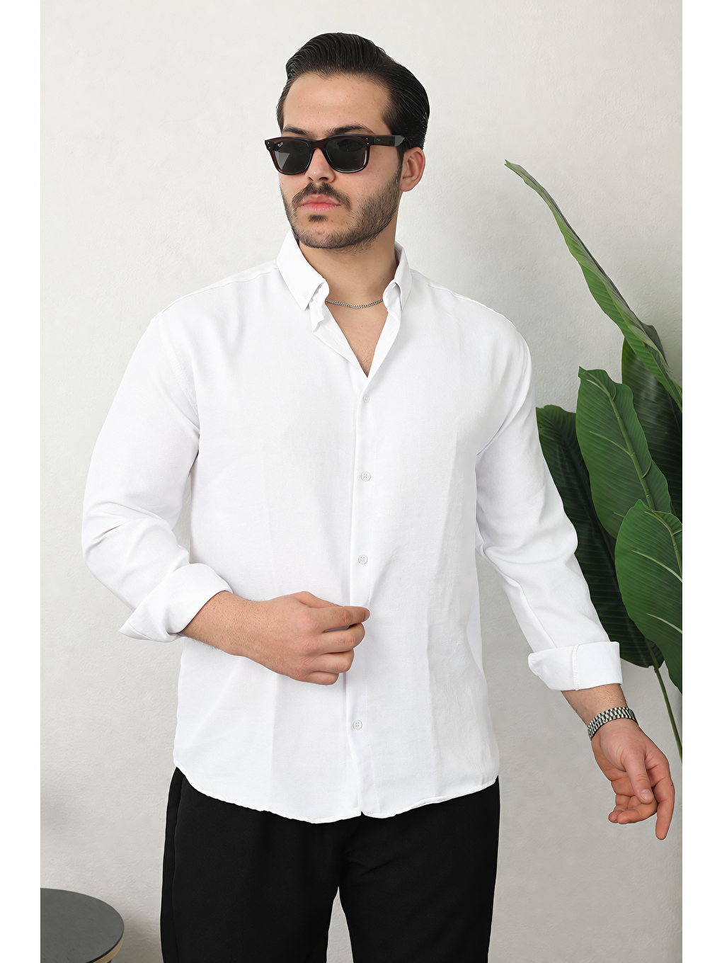 Erkek Trend Dokulu Kısa Kol Basic Beyaz Keten Gömlek