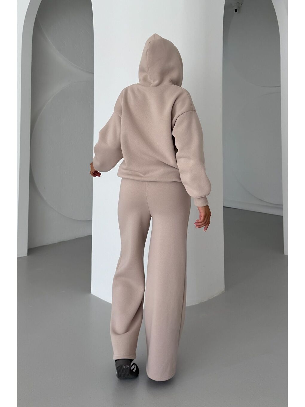 Kadın Bej Patlı Yaka Kapüşonlu 3 İplik Eşofman Takımı-6