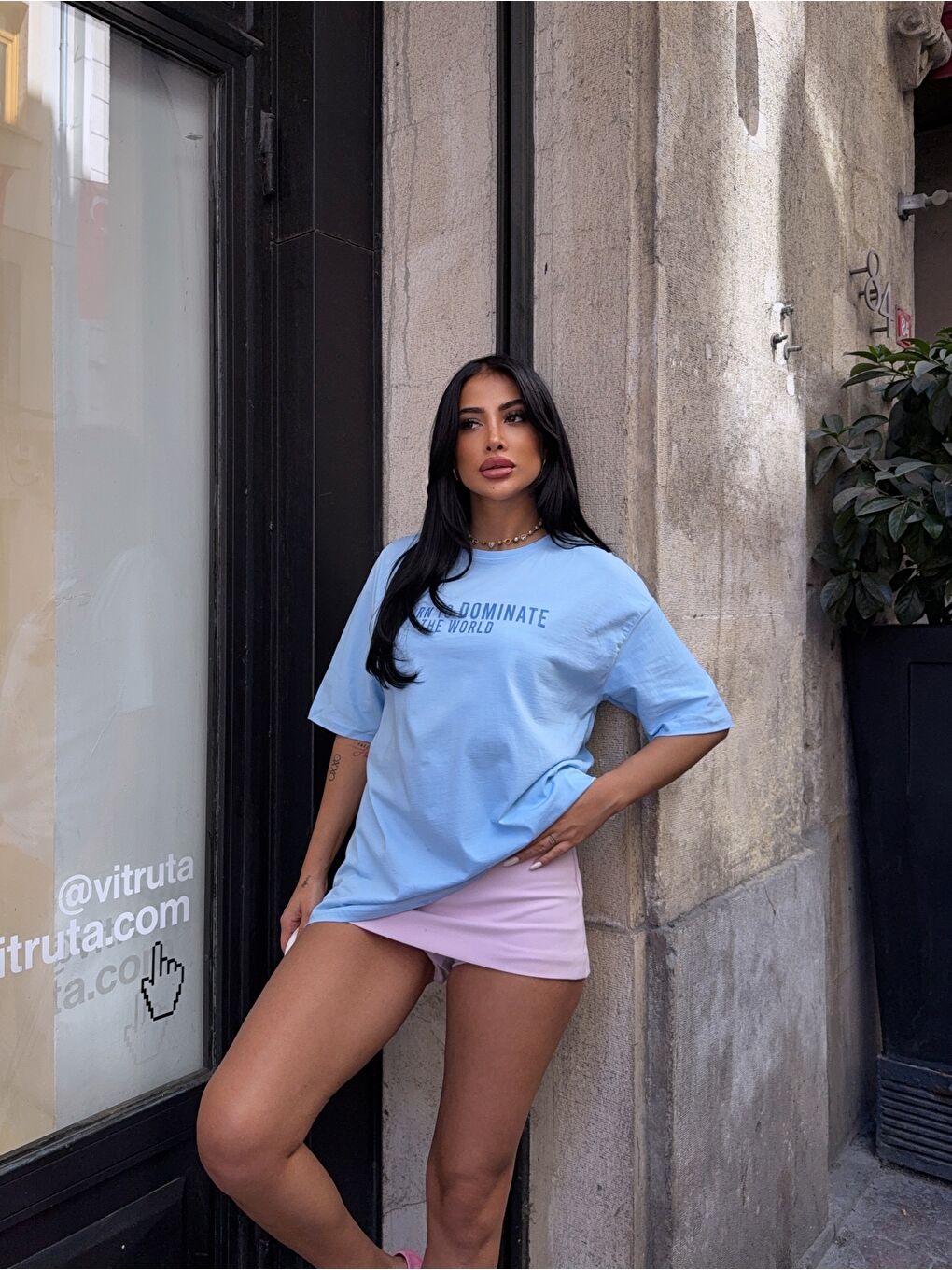 Baskılı Mavi Oversiz T-Shirt-2