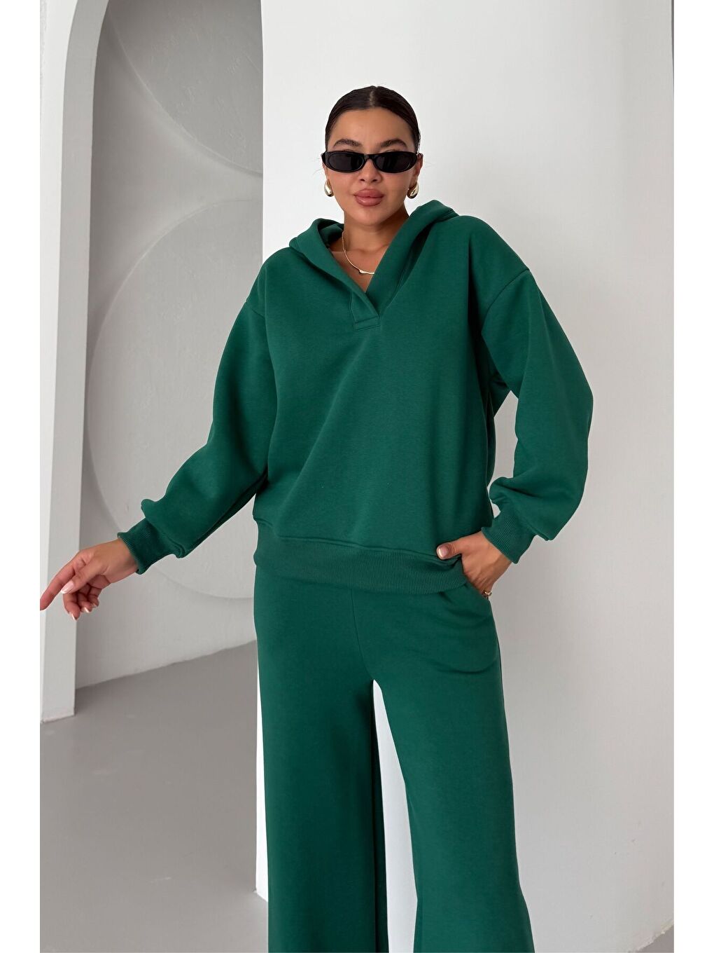 Kadın Yeşil Patlı Yaka Kapüşonlu 3 İplik Eşofman Takımı-5