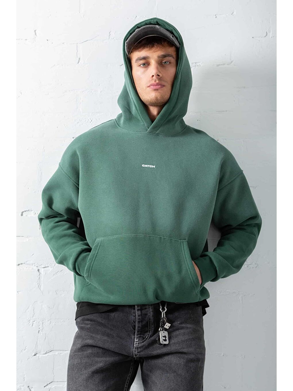 Erkek Oversize Baskılı Kapüşonlu Sweatshirt Yeşil
