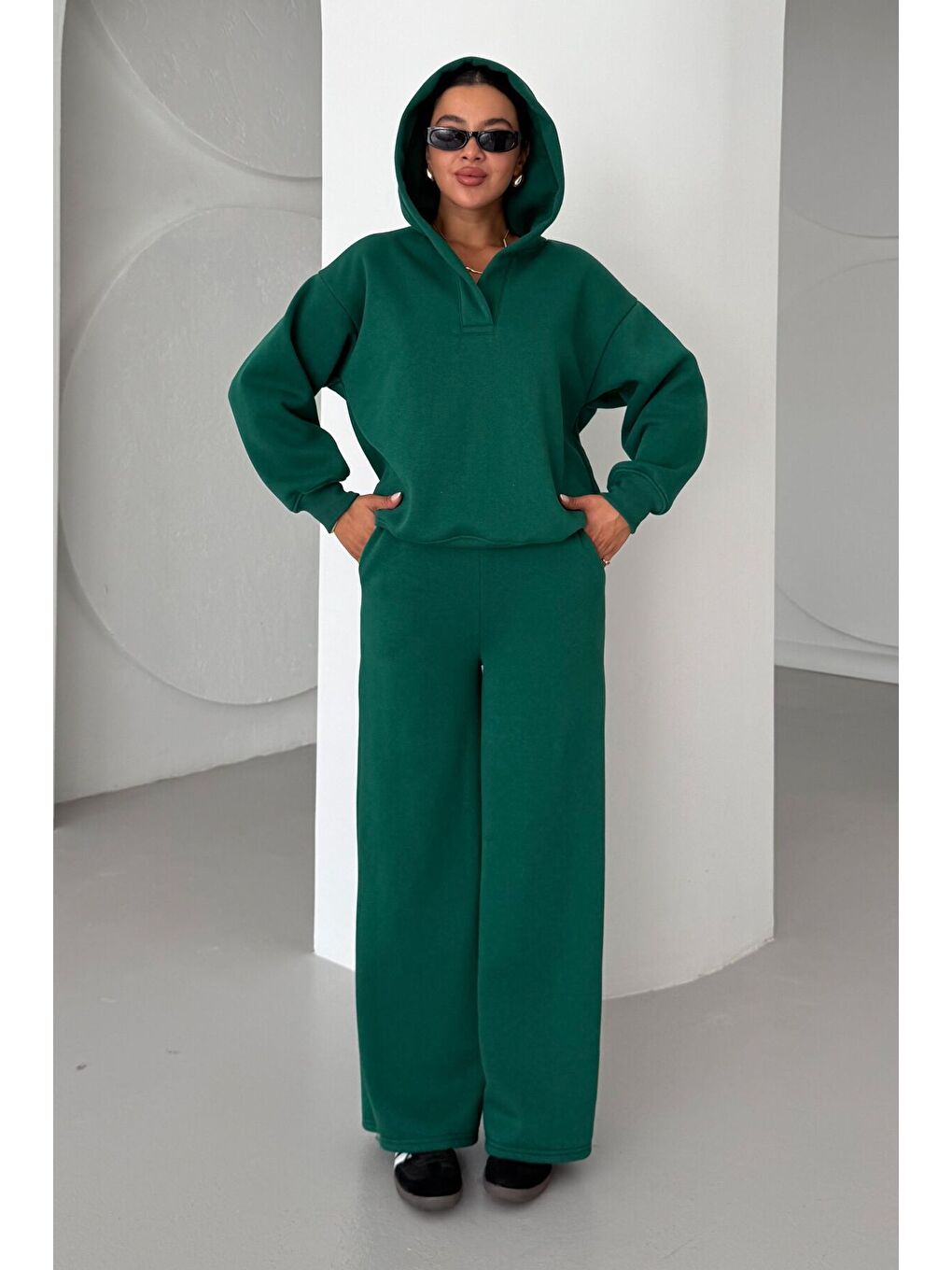 Kadın Yeşil Patlı Yaka Kapüşonlu 3 İplik Eşofman Takımı-7