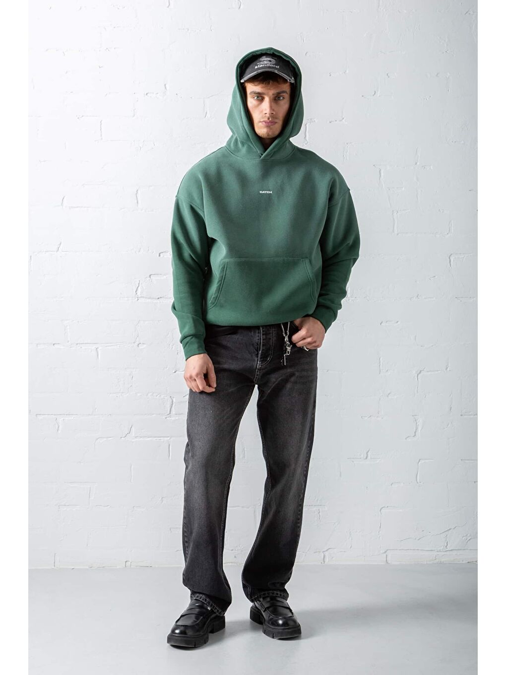 Erkek Oversize Baskılı Kapüşonlu Sweatshirt Yeşil-1