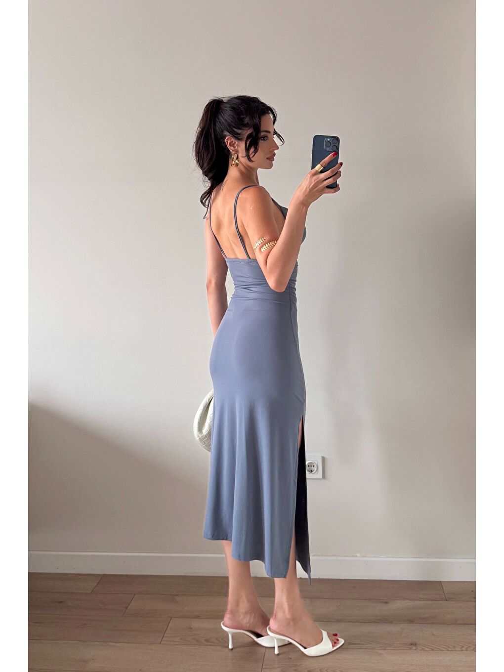 Kadın Antrasit Askılı Yırtmaçlı Uzun Elbise 1009-1034-2